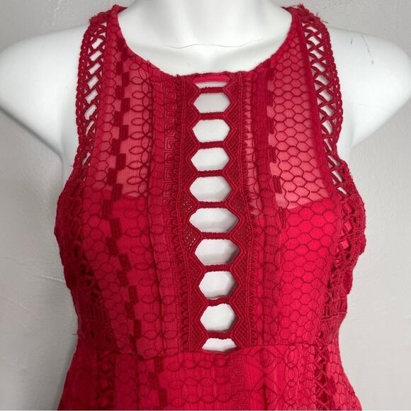 FREE PEOPLE Cherry Red Crochet Mini Dress Womens Size 2 Summer Date Valentines - Picture 4 of 15
